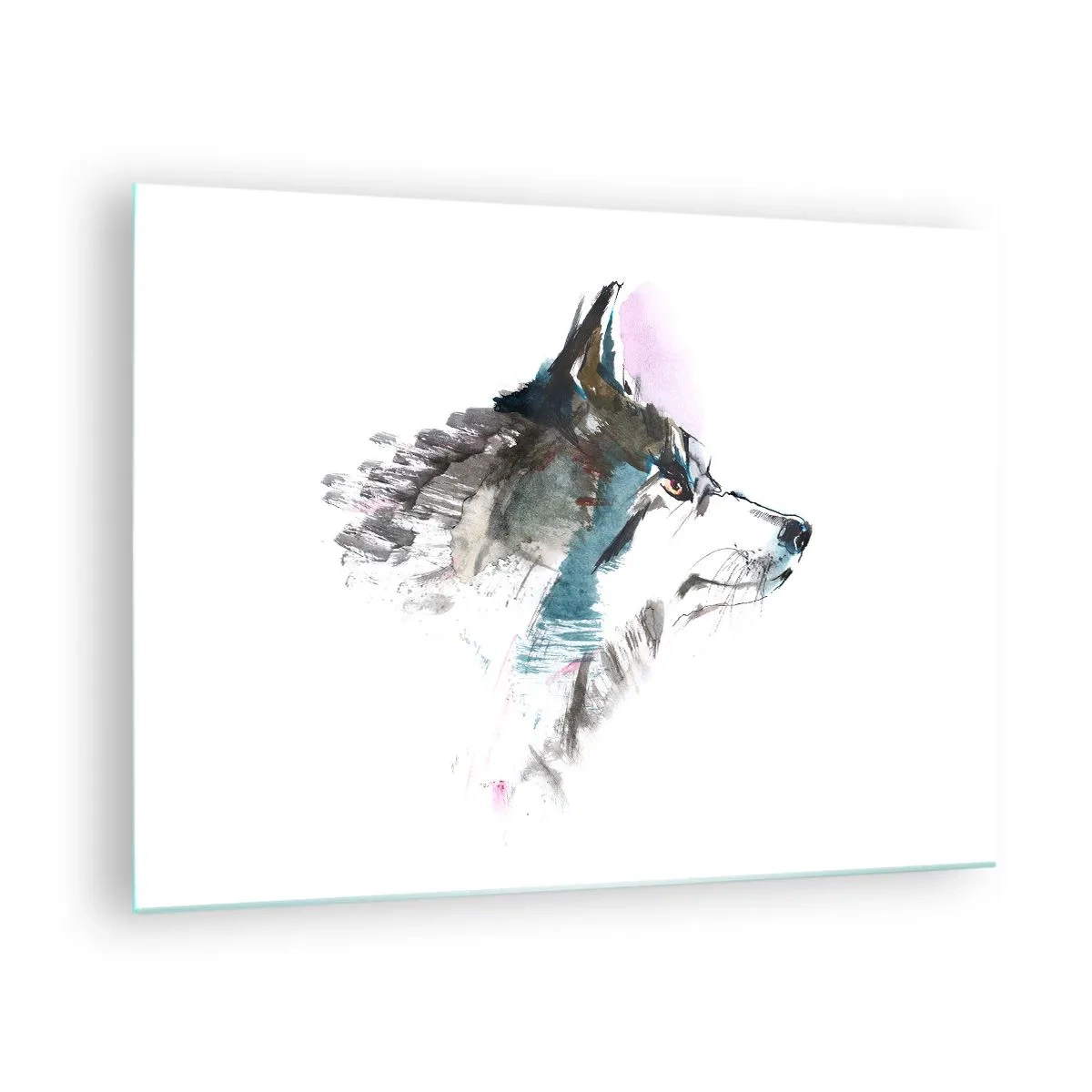 Tablou pe sticlă - Lup în stil artistic de acuarelă pe fundal alb - 70x50cm - Ce știm despre lup - Decorațiune modernă pentru perete pentru living și dormitor ARTTOR