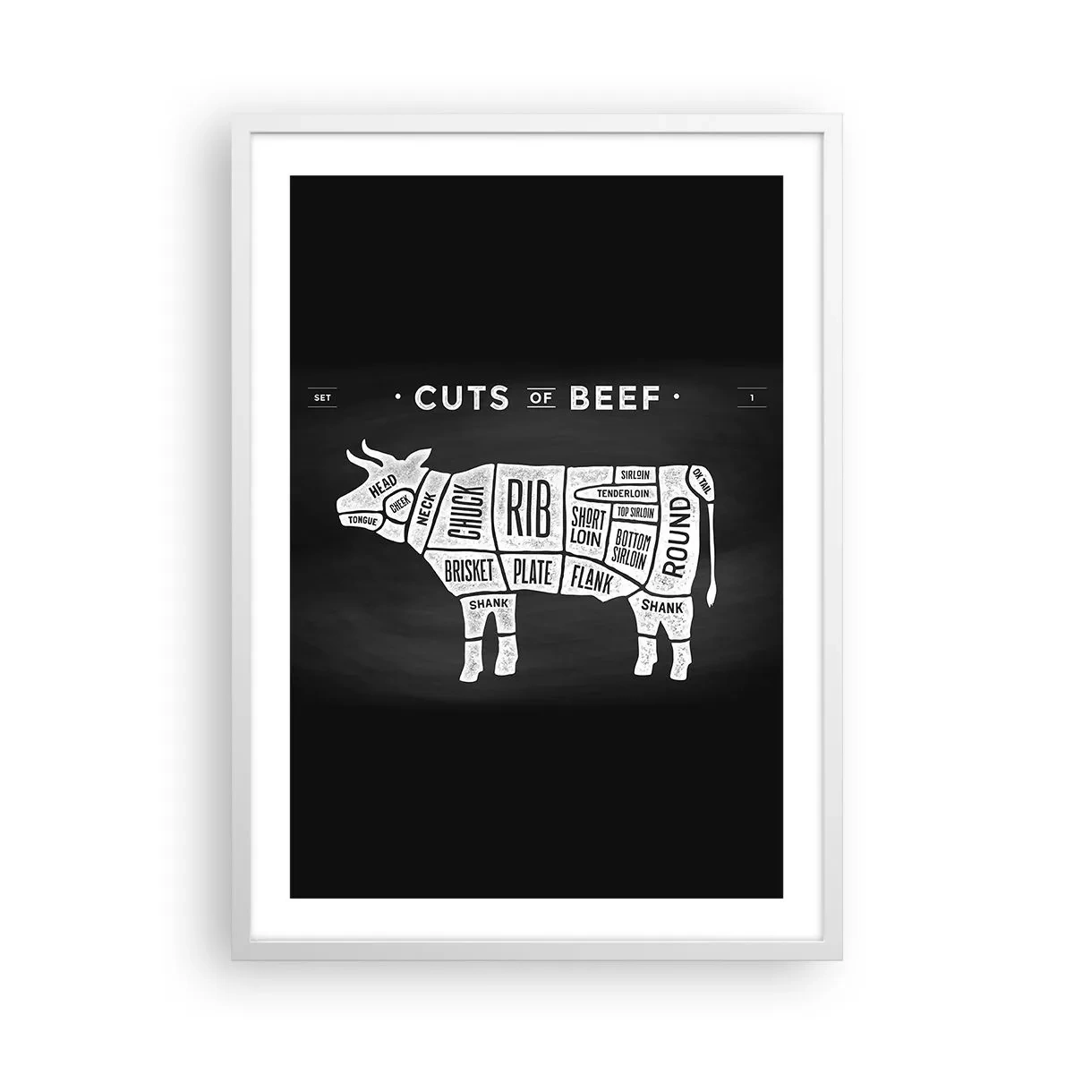 Poster în ramă albă - Abecedar de măcelar - 50x70 cm