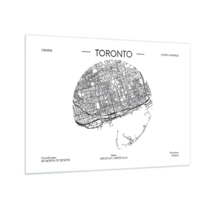 Tablou pe sticlă - O hartă minimalistă a orașului Toronto cu o grilă stradală. - 70x50cm - Anatomia Toronto - Decorațiune modernă pentru perete pentru living și dormitor ARTTOR