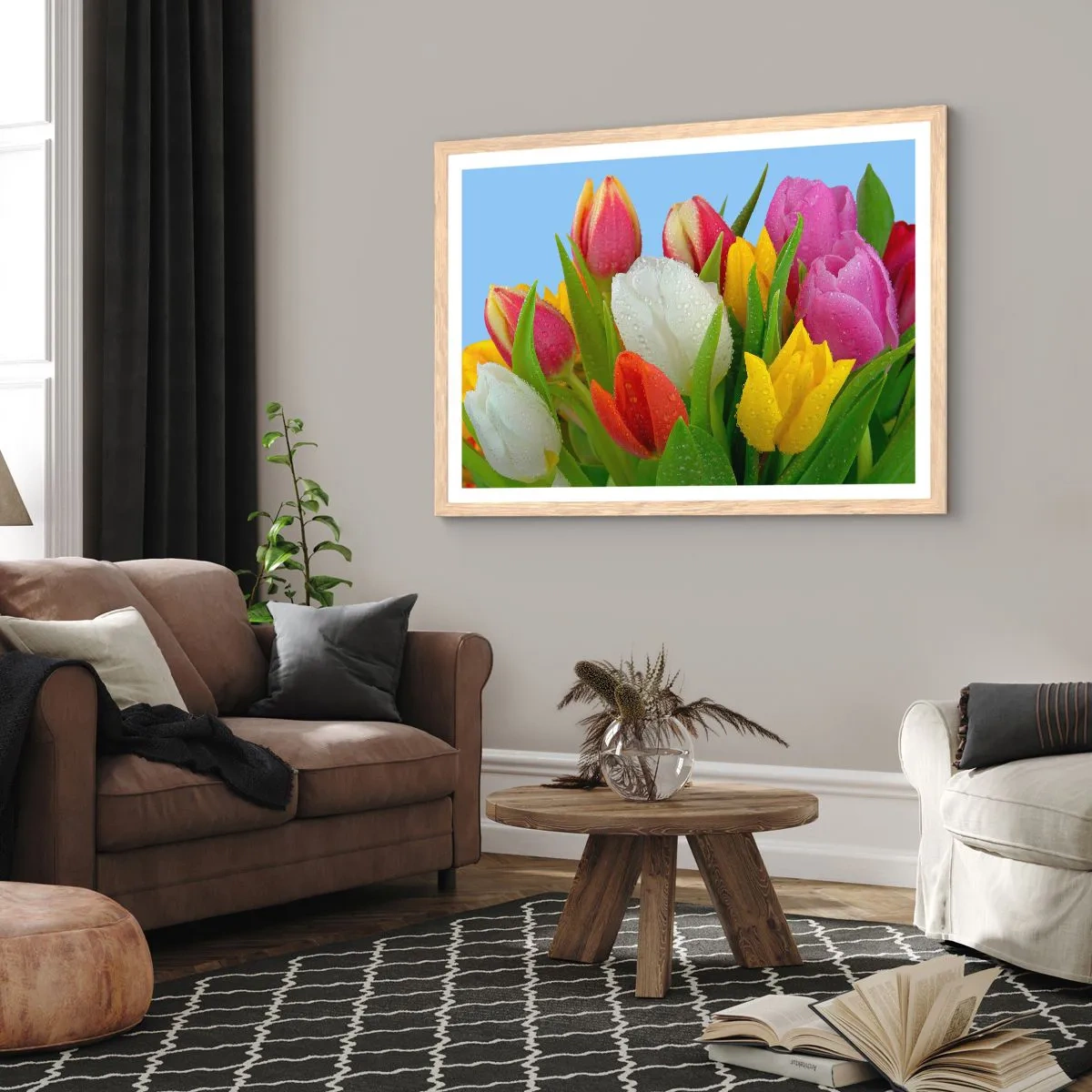 Poster în ramă de stejar deschis - Un curcubeu floral în picături de rouă - 50x40 cm
