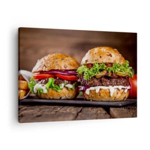 Tablou pe pânză Canvas - Burgeri apetisanți cu legume și sos - 70x50cm - American dream - Decorațiune modernă pentru perete pentru living și dormitor ARTTOR