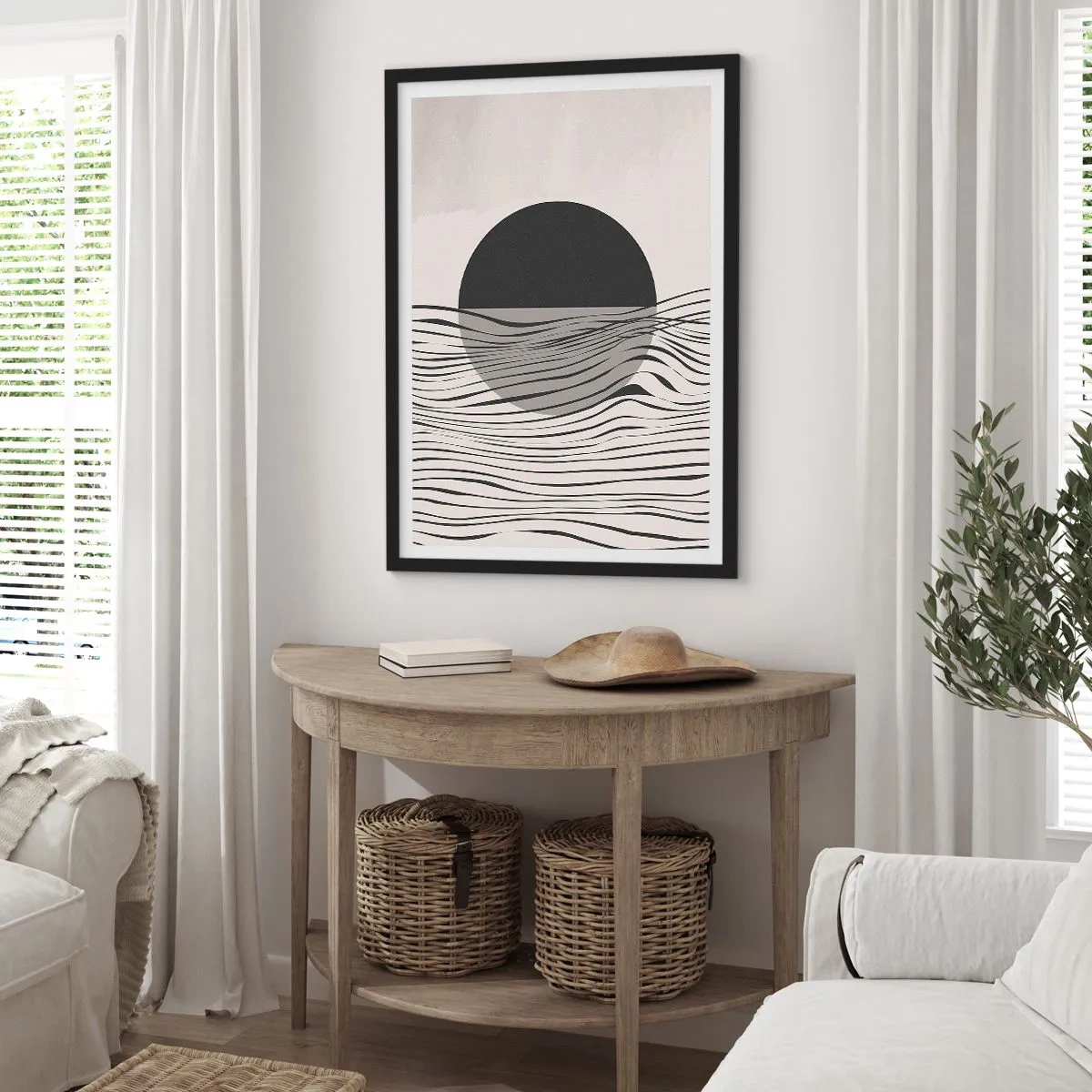 Poster în ramă neagră - Apus de soare abstract cu linii de valuri - 50x70cm - Semicompunere - Decorațiune modernă pentru perete pentru living și dormitor ARTTOR