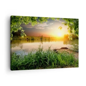 Tablou pe pânză Canvas - Peisaj verde cu un lac la apus - 70x50cm - Peisaj într-un cadru verde - Decorațiune modernă pentru perete pentru living și dormitor ARTTOR