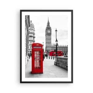 Poster în ramă neagră - O cabină telefonică roșie cu Big Ben și un autobuz în fundal. - 50x70cm - Fără îndoială, Londra - Decorațiune modernă pentru perete pentru living și dormitor ARTTOR