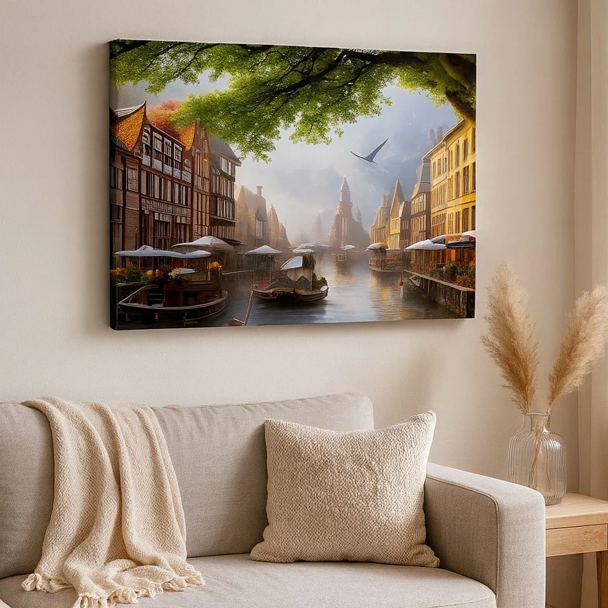 Tablou pe pânză Canvas - Un peisaj olandez pitoresc cu un canal și case de tip bloc - 70x50cm - Peisaj urban olandez - Decorațiune modernă pentru perete pentru living și dormitor ARTTOR