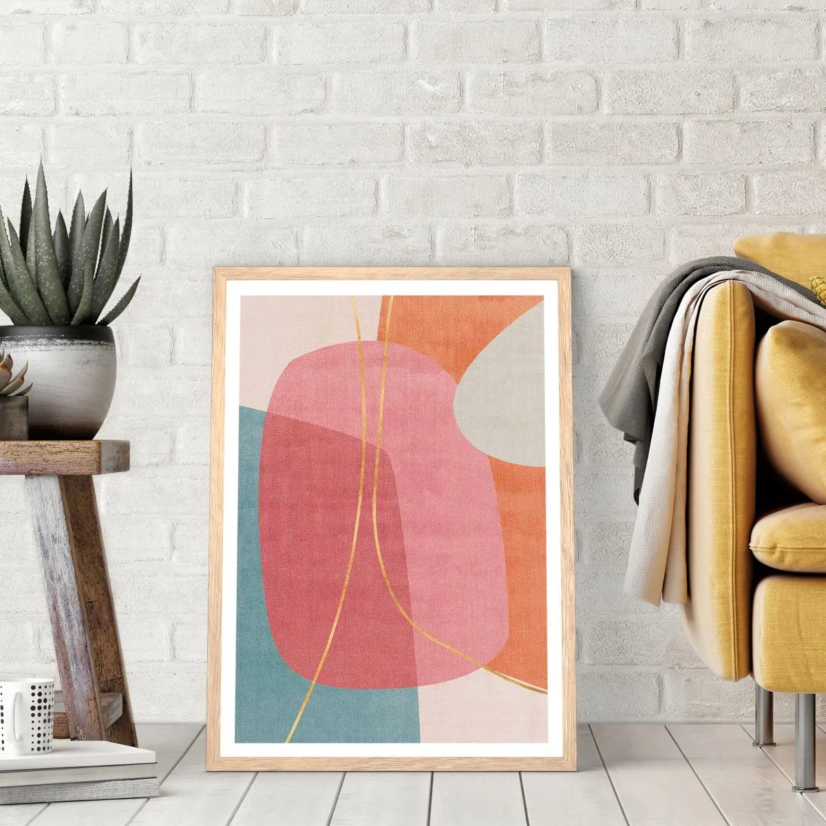 Poster în ramă de stejar deschis - Compoziție pastel cu fir de aur - 61x91 cm