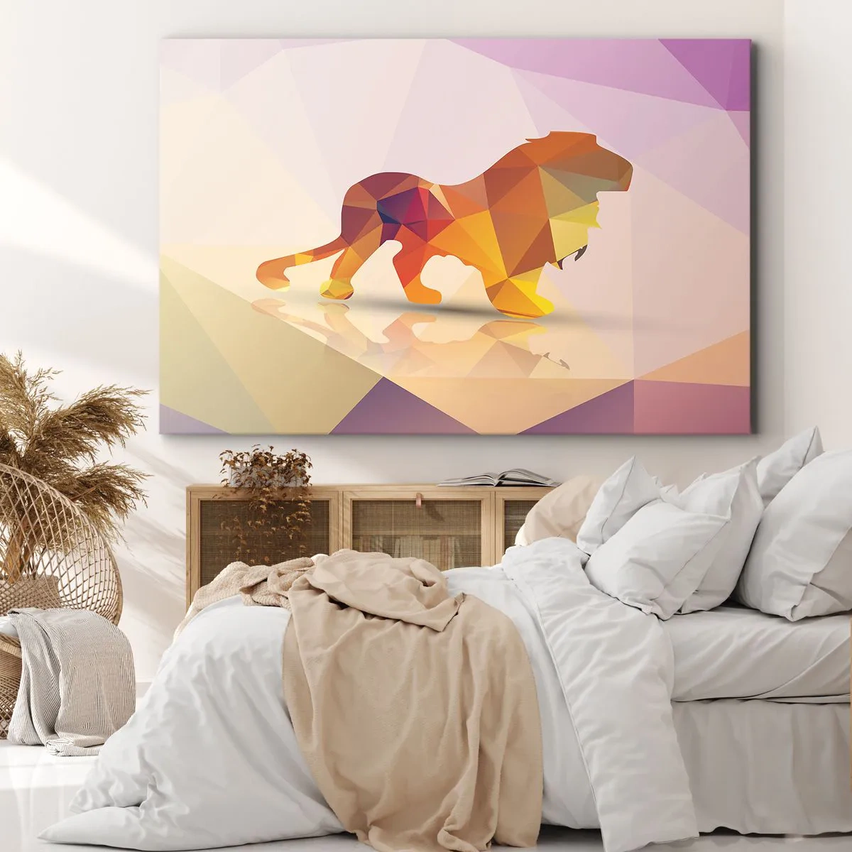 Tablou pe pânză Canvas - Siluetă geometrică a unui leu în nuanțe de galben și portocaliu - 70x50cm - Regele diamantat - Decorațiune modernă pentru perete pentru living și dormitor ARTTOR