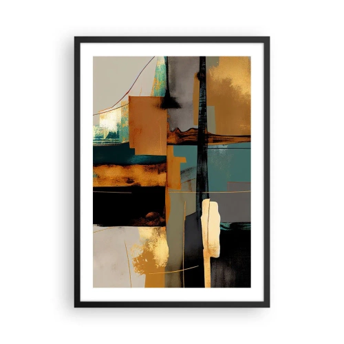 Poster în ramă neagră - compoziție abstractă în nuanțe de auriu și turcoaz - 50x70cm - Abstracția - lumină și umbră - Decorațiune modernă pentru perete pentru living și dormitor ARTTOR