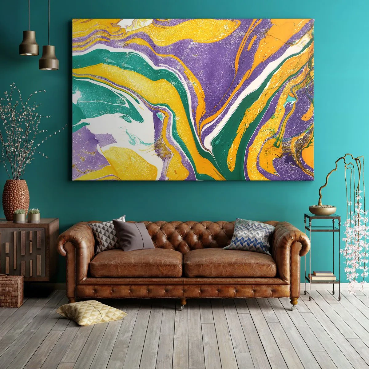 Tablou pe pânză Canvas - Model abstract de marmură în culori vii - 70x50cm - Valuri de culoare - Decorațiune modernă pentru perete pentru living și dormitor ARTTOR