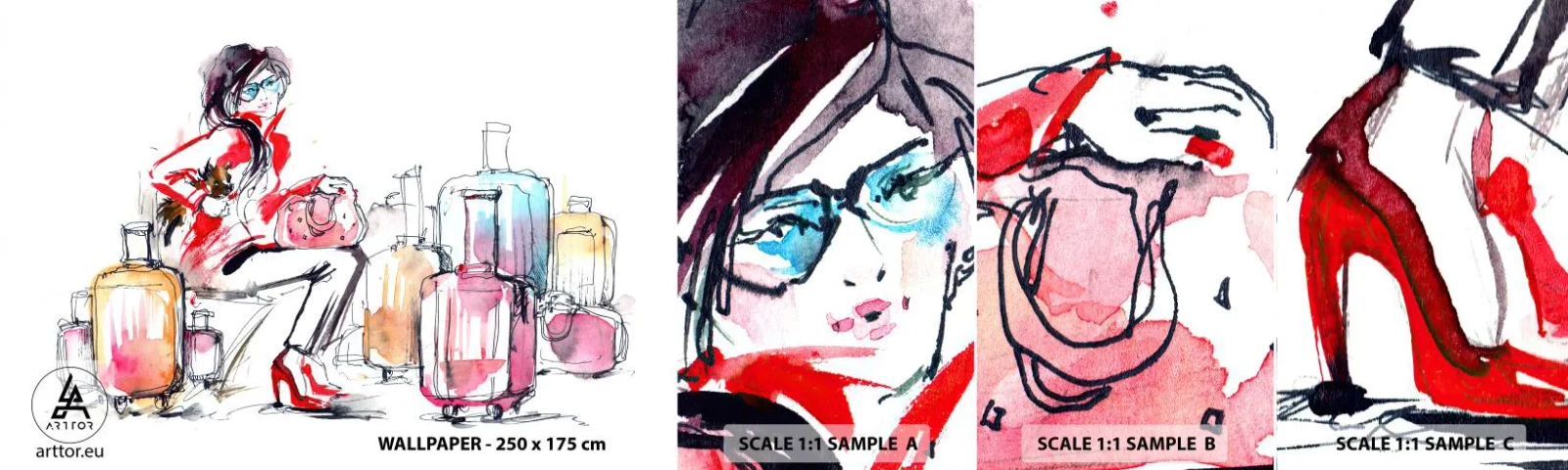 Mostră tapet autocolant Deluxe Sticker - Să ne așezăm înainte de călătorie - Femeie, excursie, Valiză - 100x30 cm