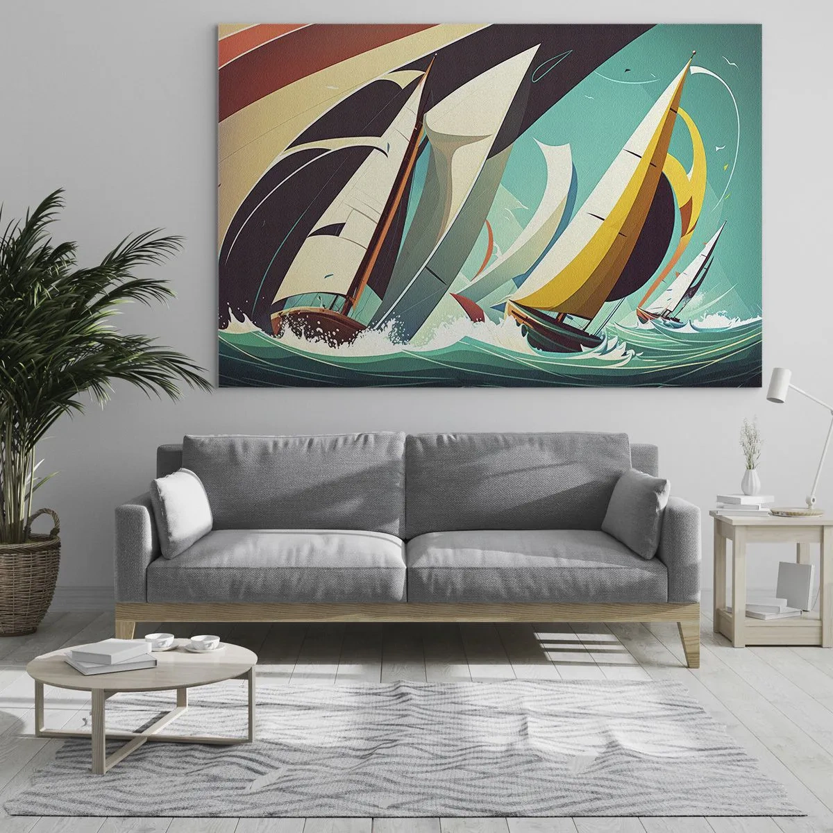 Tablou pe sticlă - Ilustrație în stil retro a unor bărci cu pânze într-o mare furtunoasă - 70x50cm - Voinici și învingători - Decorațiune modernă pentru perete pentru living și dormitor ARTTOR
