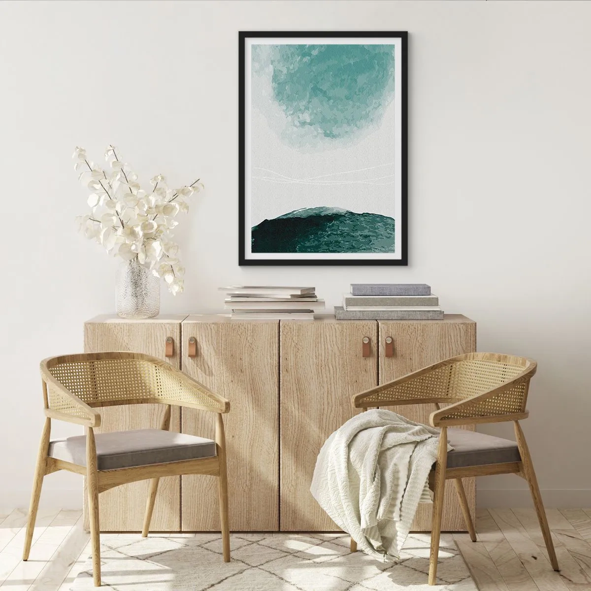 Poster în ramă neagră - Peisaj abstract în nuanțe de verde și alb - 50x70cm - Întâlnire cu ceața - Decorațiune modernă pentru perete pentru living și dormitor ARTTOR