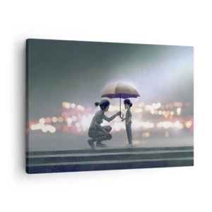 Tablou pe pânză Canvas - O figură cu o umbrelă care protejează un copil pe fundalul luminilor de noapte. - 70x50cm - Și totul este bine acum - Decorațiune modernă pentru perete pentru living și dormitor ARTTOR