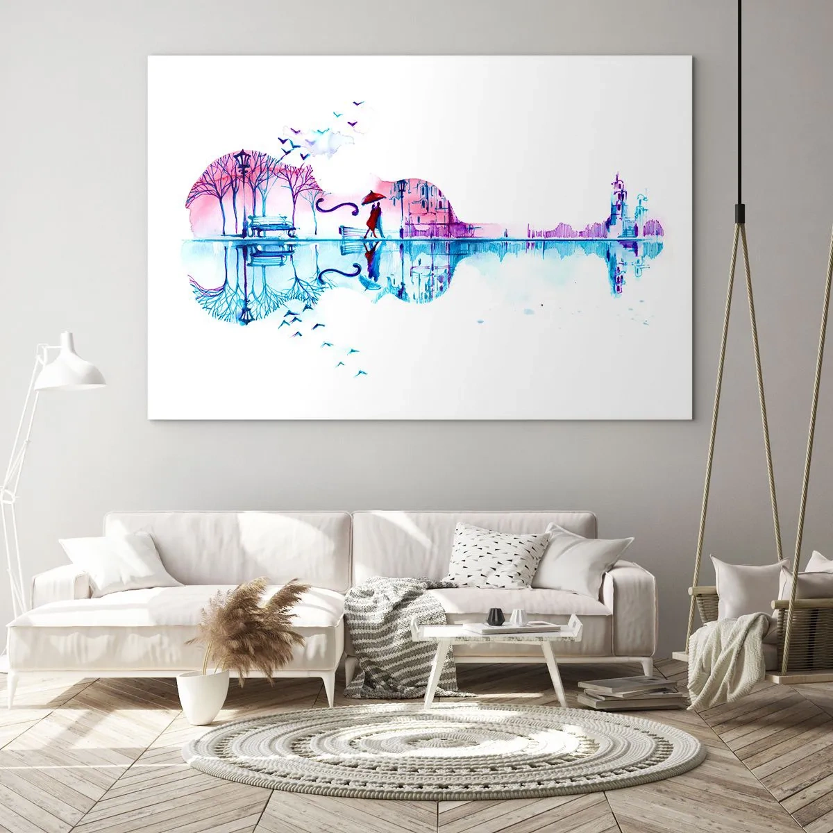 Tablou pe sticlă - Un peisaj în formă de chitară în stil acuarelă - 70x50cm - Îți voi aduce cântece de ploaie - Decorațiune modernă pentru perete pentru living și dormitor ARTTOR