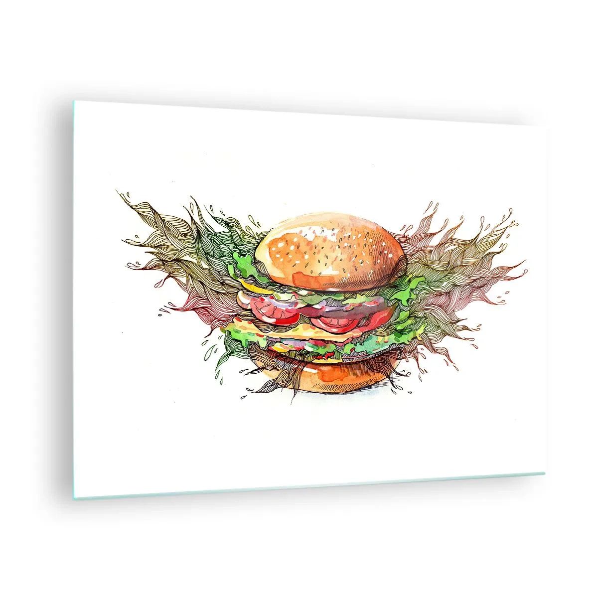 Tablou pe sticlă - Desen artistic al unui burger cu detalii în acuarelă - 70x50cm - Tentație fierbinte - Decorațiune modernă pentru perete pentru living și dormitor ARTTOR
