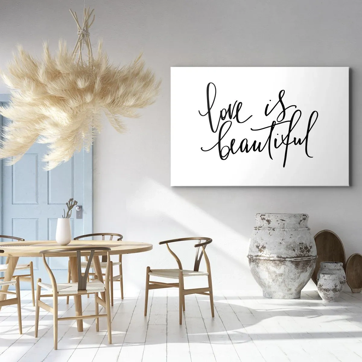 Tablou pe pânză Canvas - Inscripția neagră „dragostea e frumoasă” pe fundal alb - 70x50cm - Citiți și repetați - Decorațiune modernă pentru perete pentru living și dormitor ARTTOR