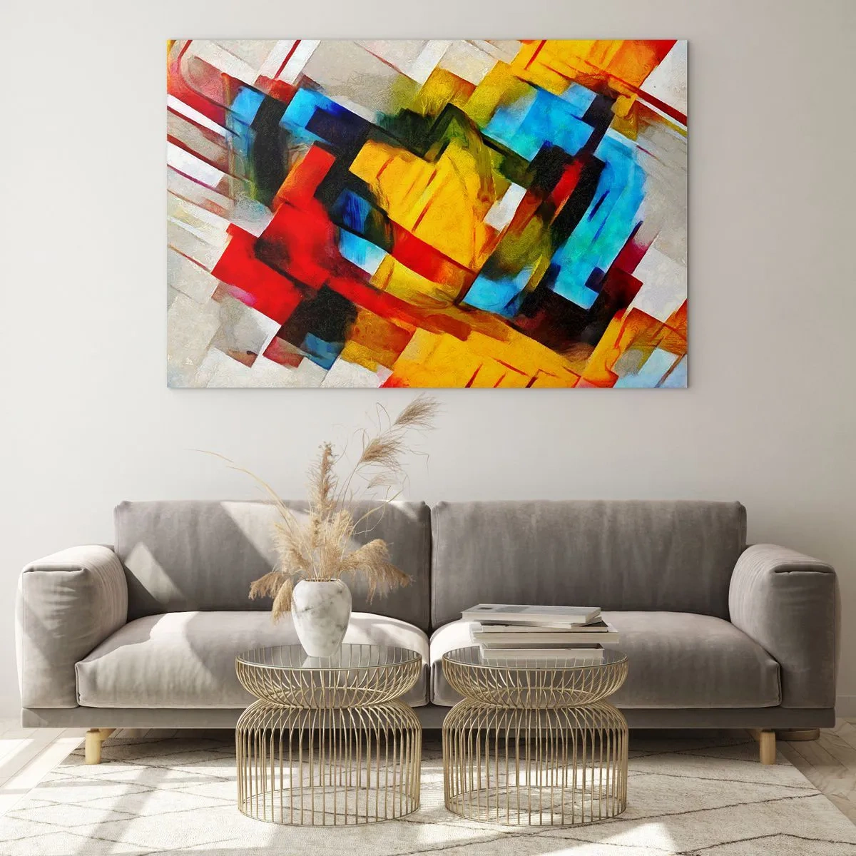 Tablou pe sticlă - Compoziție abstractă de forme geometrice - 70x50cm - Sandviș multicolor - Decorațiune modernă pentru perete pentru living și dormitor ARTTOR