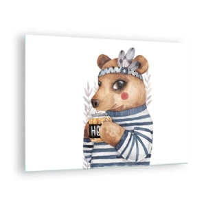 Tablou pe sticlă - Un ursuleț de pluș cu dungi, cu o cană de miere și pene - 70x50cm - Ursoaică dulce - Decorațiune modernă pentru perete pentru living și dormitor ARTTOR