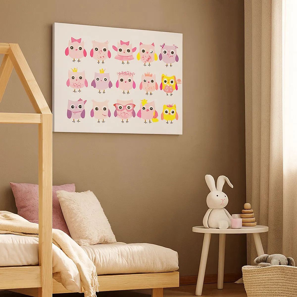 Tablou pe pânză Canvas - Bufnițe drăguțe în culori pastelate - 70x50cm - Una mai dulce decât cealaltă - Decorațiune modernă pentru perete pentru living și dormitor ARTTOR