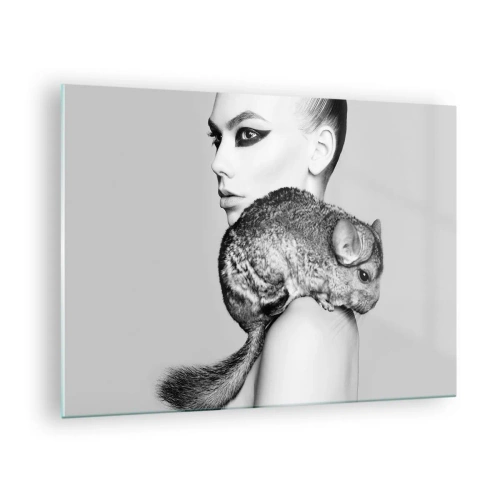 Tablou pe sticlă - Portretul unei femei cu o chinchilla în alb și negru - 70x50cm - Dama cu șinșilă - Decorațiune modernă pentru perete pentru living și dormitor ARTTOR