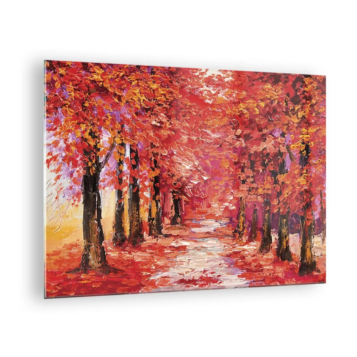 Tablou pe sticlă - O alee pitorească în culori de toamnă, plină de nuanțe calde - 70x50cm - Impresie de toamnă - Decorațiune modernă pentru perete pentru living și dormitor ARTTOR