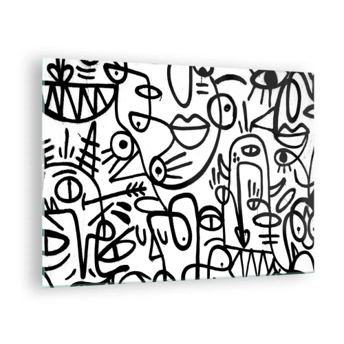 Tablou pe sticlă - Abstracție alb-negru cu ochi, fețe și linii - 70x50cm - Chipuri și miraje - Decorațiune modernă pentru perete pentru living și dormitor ARTTOR