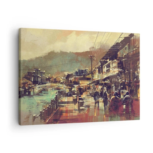 Tablou pe pânză Canvas - Un oraș cu un pod și străzi decorate artistic - 70x50cm - Viața ca o bogăție de gri - Decorațiune modernă pentru perete pentru living și dormitor ARTTOR