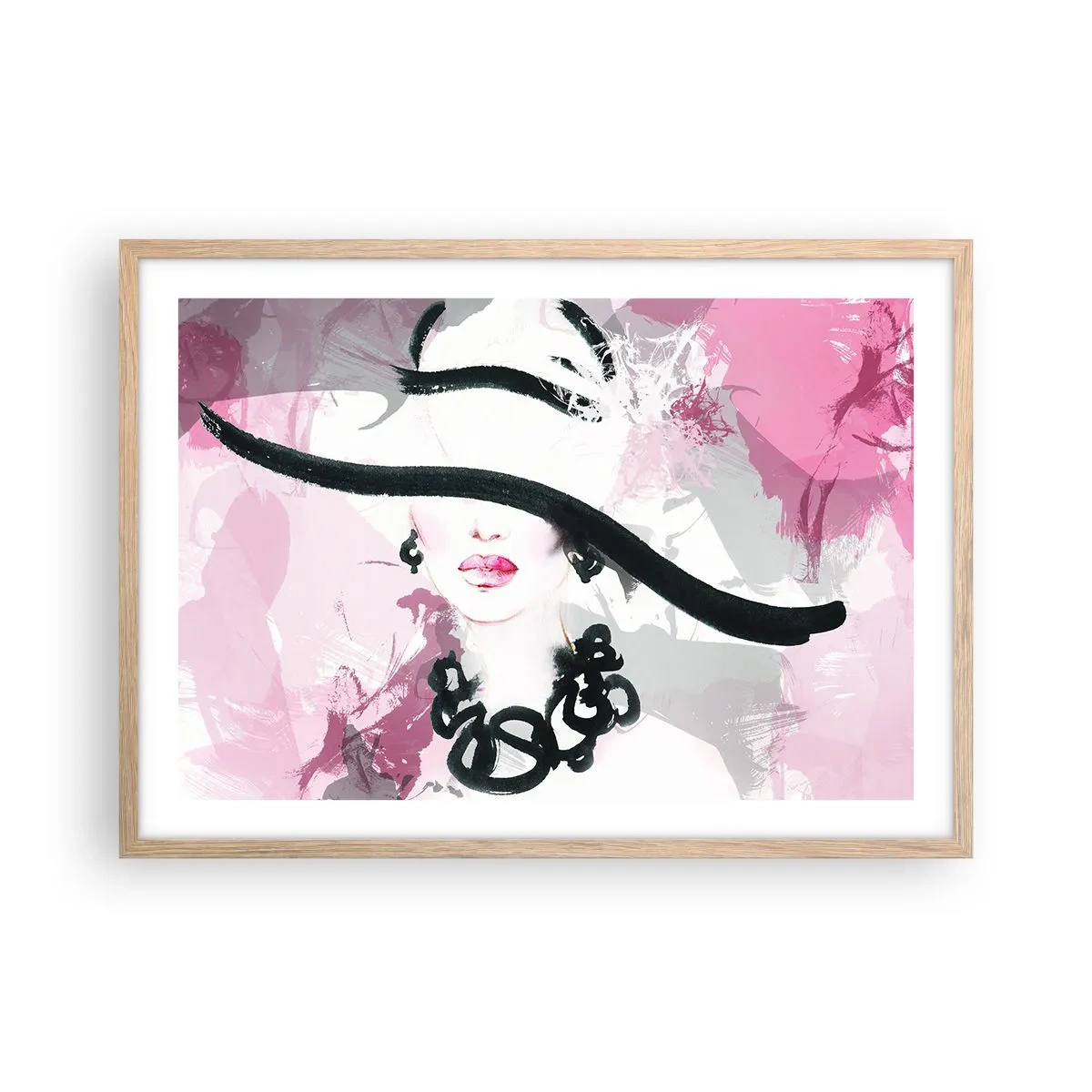 Poster în ramă de stejar deschis - Studiu unei dame în negru și roz - 70x50 cm