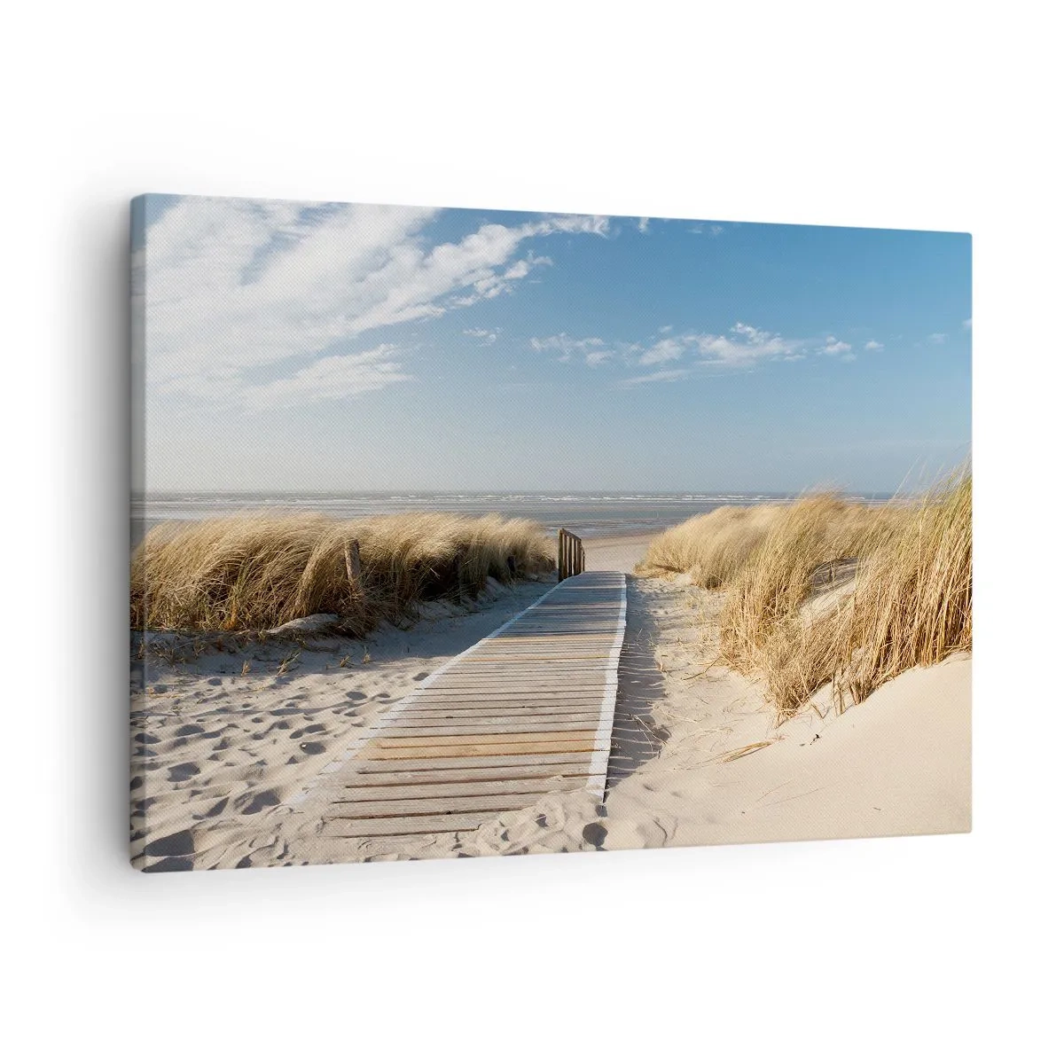 Tablou pe pânză Canvas - O potecă de lemn duce prin dune spre marea calmă - 70x50cm - În spatele dunei, în zumzetul ierbii - Decorațiune modernă pentru perete pentru living și dormitor ARTTOR