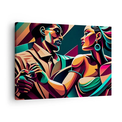 Tablou pe pânză Canvas - Un cuplu stilizat dansând în culori vibrante, geometrice. - 70x50cm - În ritmul inimii - Decorațiune modernă pentru perete pentru living și dormitor ARTTOR