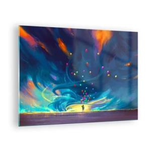 Tablou pe sticlă - O persoană care ține baloane colorate pe un fundal albastru de vânt. - 70x50cm - Pe un vânt albastru - Decorațiune modernă pentru perete pentru living și dormitor ARTTOR