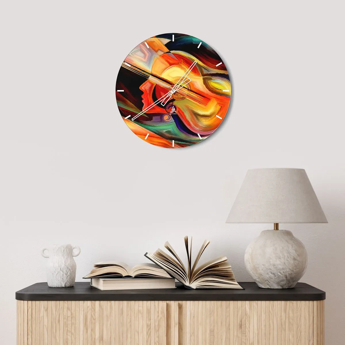 Ceas de perete - Ceas pe sticlă - O pictură abstractă reprezentând o chitară și o față în culori calde. - 30x30cm - Și totul merge bine - Decorațiune modernă pentru perete pentru living, bucătărie și dormitor ARTTOR