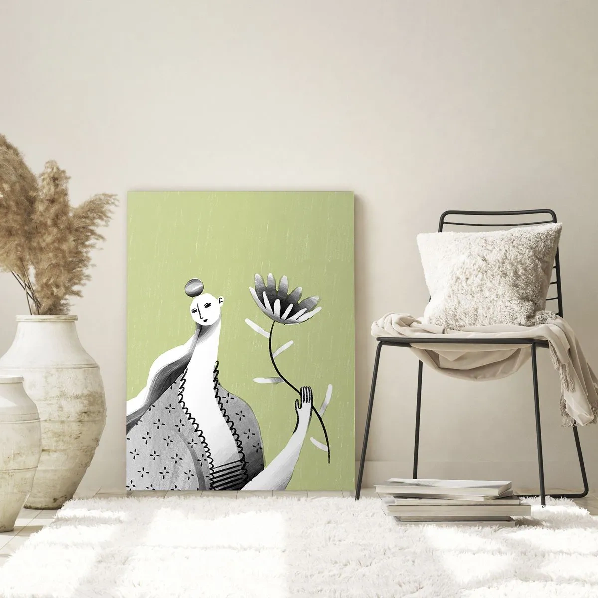 Tablou pe sticlă - Portret modernist - ținând o floare - 50x70 cm