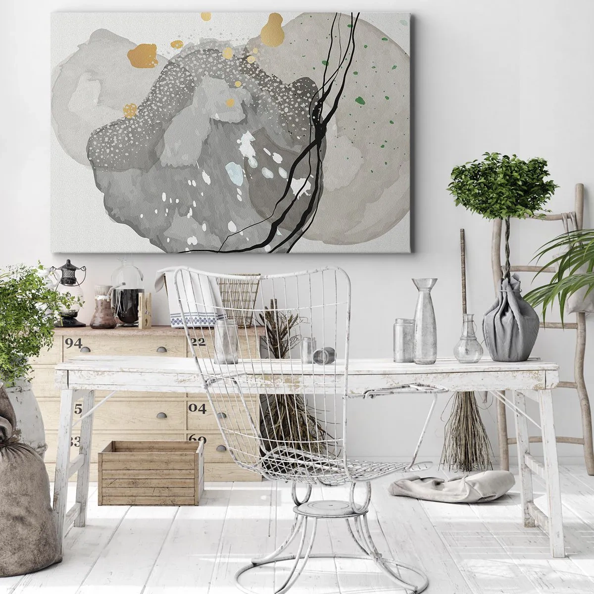 Tablou pe pânză Canvas - Forme organice în nuanțe de gri cu accente de negru și auriu - 70x50cm - Compoziție organică - Decorațiune modernă pentru perete pentru living și dormitor ARTTOR