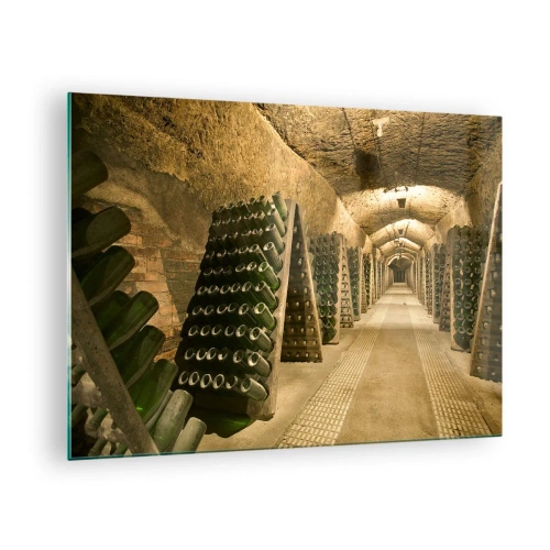 Tablou pe sticlă - O pivniță cu sticle de vin care învechesc pe rânduri - 70x50cm - Nașterea gustului - Decorațiune modernă pentru perete pentru living și dormitor ARTTOR