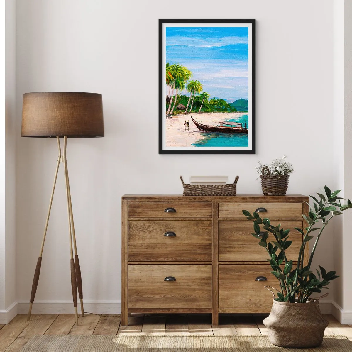 Poster în ramă neagră - Plajă tropicală cu palmieri și o barcă pe țărm - 50x70cm - Un vis exotic - Decorațiune modernă pentru perete pentru living și dormitor ARTTOR