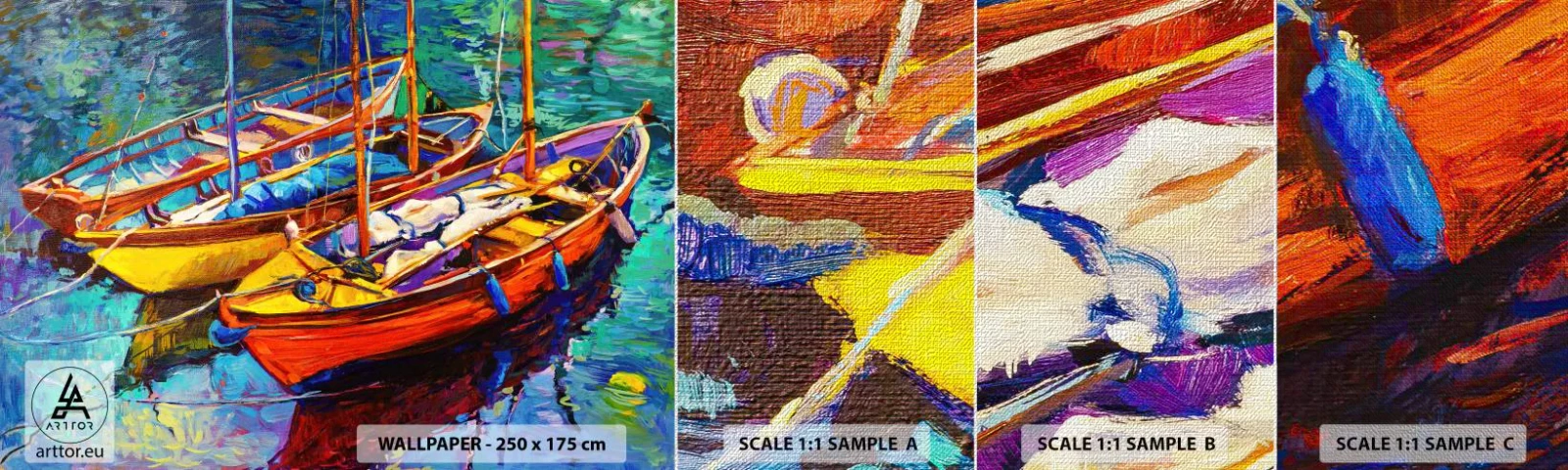 Mostră tapet Premium Canvas - Pe o apă plină de culoare - Łódź, Barcă cu pânze, Mare - 100x30 cm