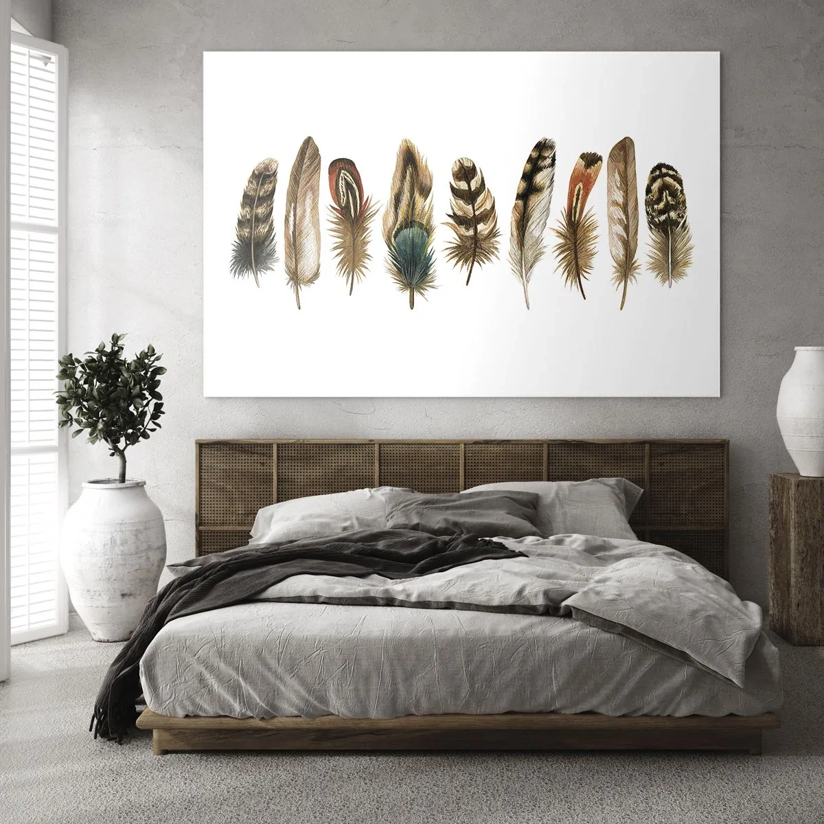 Tablou pe sticlă - O compoziție de pene colorate pe un fundal alb - 70x50cm - Variație cu pene - Decorațiune modernă pentru perete pentru living și dormitor ARTTOR