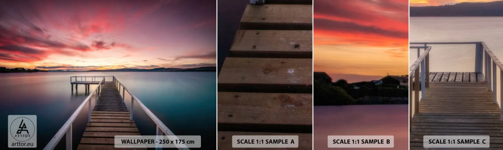 Mostră tapet autocolant Deluxe Sticker - Flacăra blândă a serii - Peisaj, Apus de soare, Pier din lemn - 100x30 cm