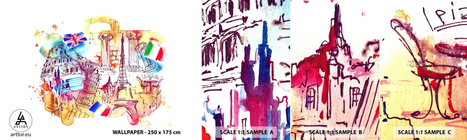 Mostră tapet autocolant Deluxe Sticker - Turneu european - Abstracția, Călătorii, Valiză - 100x30 cm