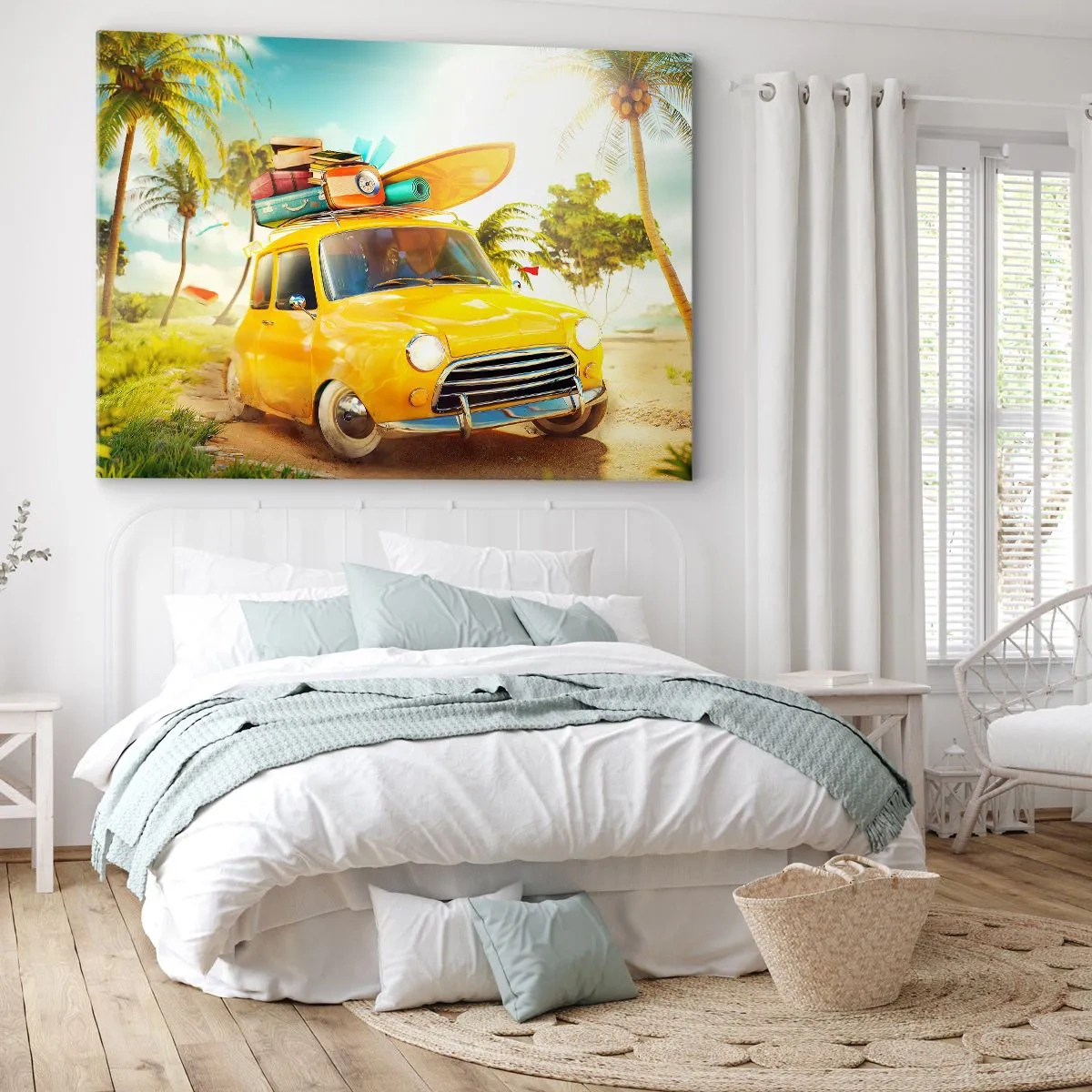 Tablou pe pânză Canvas - O mașină galbenă cu bagaje pe fundalul unui peisaj tropical - 70x50cm - O călătorie pentru mai mult decât un zâmbet - Decorațiune modernă pentru perete pentru living și dormitor ARTTOR