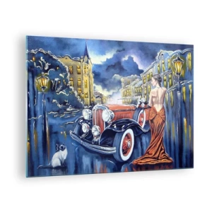 Tablou pe sticlă - O femeie într-o rochie elegantă lângă o mașină clasică - 70x50cm - Nocturne în albastru și coral - Decorațiune modernă pentru perete pentru living și dormitor ARTTOR