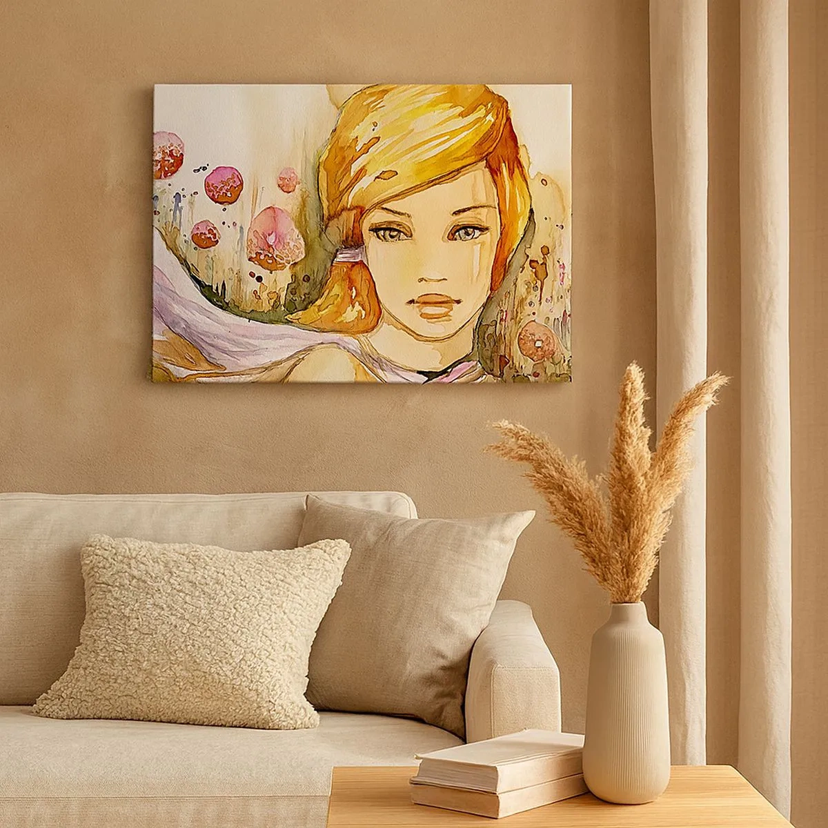 Tablou pe pânză Canvas - Portretul unei femei în culori de acuarelă cu o privire intensă - 70x50cm - Privirea de smarald care reduce la tăcere furia - Decorațiune modernă pentru perete pentru living și dormitor ARTTOR