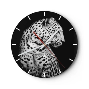 Ceas de perete - Ceas pe sticlă - Portret alb-negru al unui leopard pe fundal negru - 30x30cm - Profilul drept perfect! - Decorațiune modernă pentru perete pentru living, bucătărie și dormitor ARTTOR