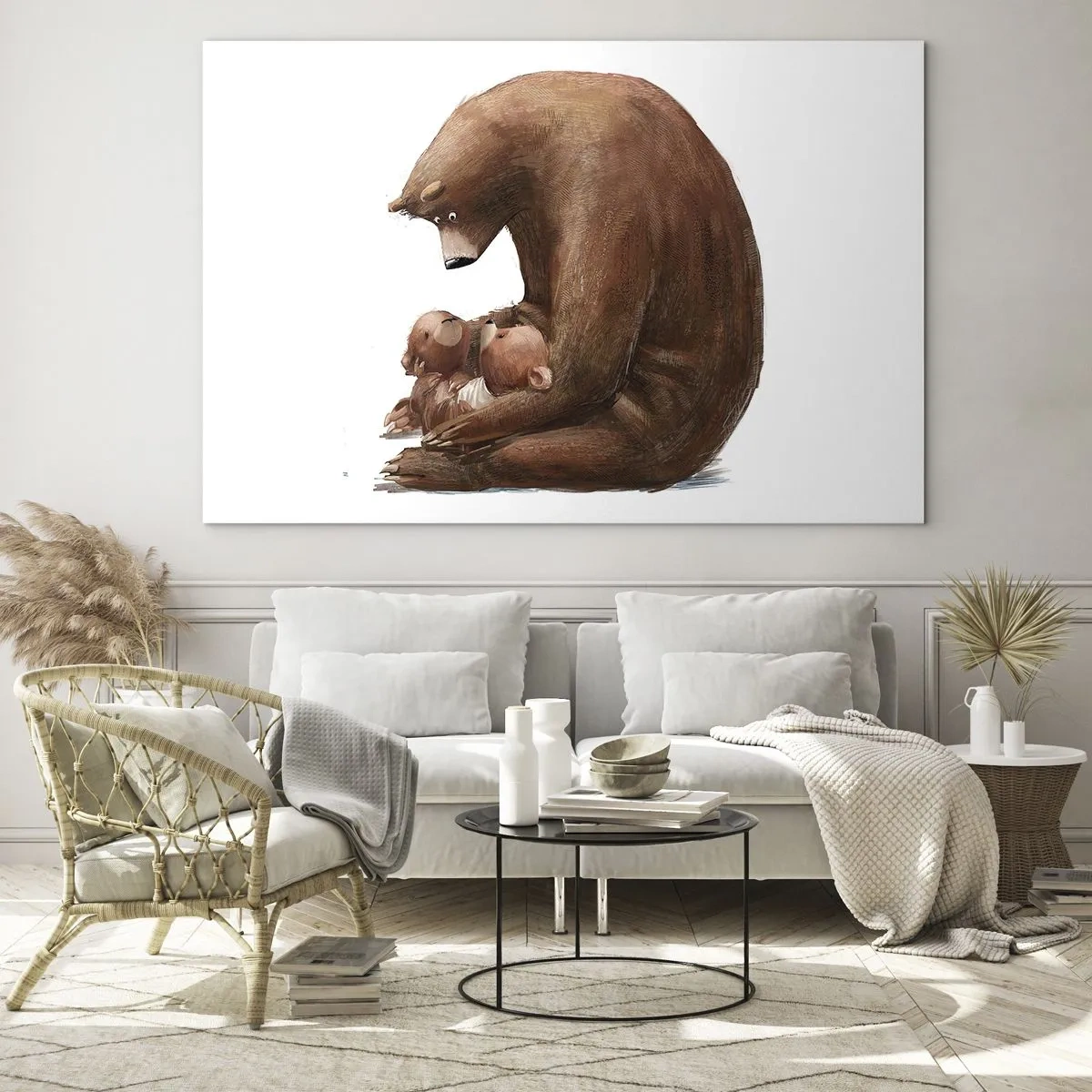 Tablou pe sticlă - O ursoaică îmbrățișează doi pui de urs - 70x50cm - Vise plăcute, copii - Decorațiune modernă pentru perete pentru living și dormitor ARTTOR