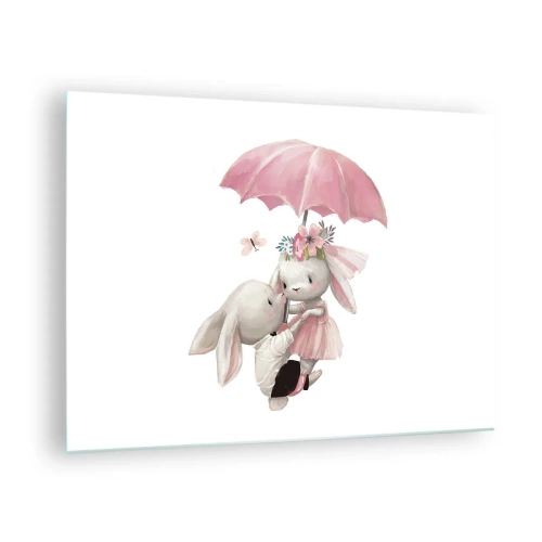 Tablou pe sticlă - Doi iepuri sub o umbrelă roz într-o scenă romantică - 70x50cm - Pur și simplu dragoste - Decorațiune modernă pentru perete pentru living și dormitor ARTTOR