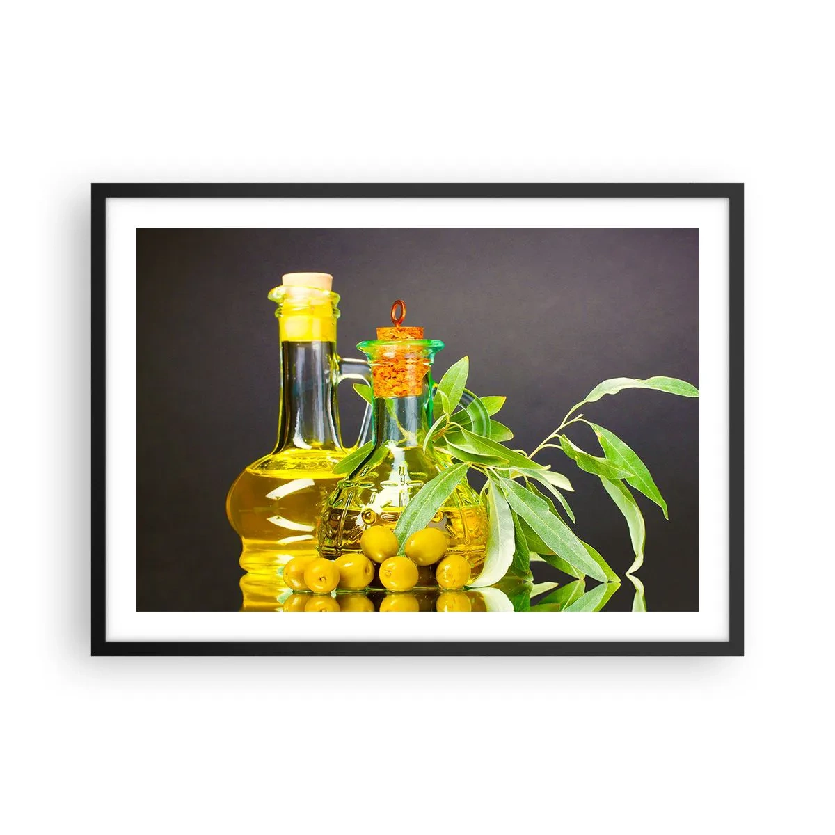 Poster în ramă neagră - Natură moarte cu măsline și ulei - 70x50 cm