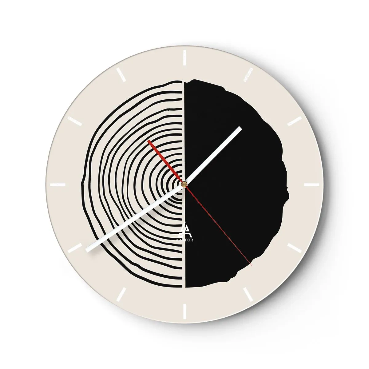 Ceas de perete - Ceas pe sticlă - Un motiv minimalist al unei secțiuni transversale a trunchiului în culori contrastante - 30x30cm - Jumi-juma - Decorațiune modernă pentru perete pentru living, bucătărie și dormitor ARTTOR