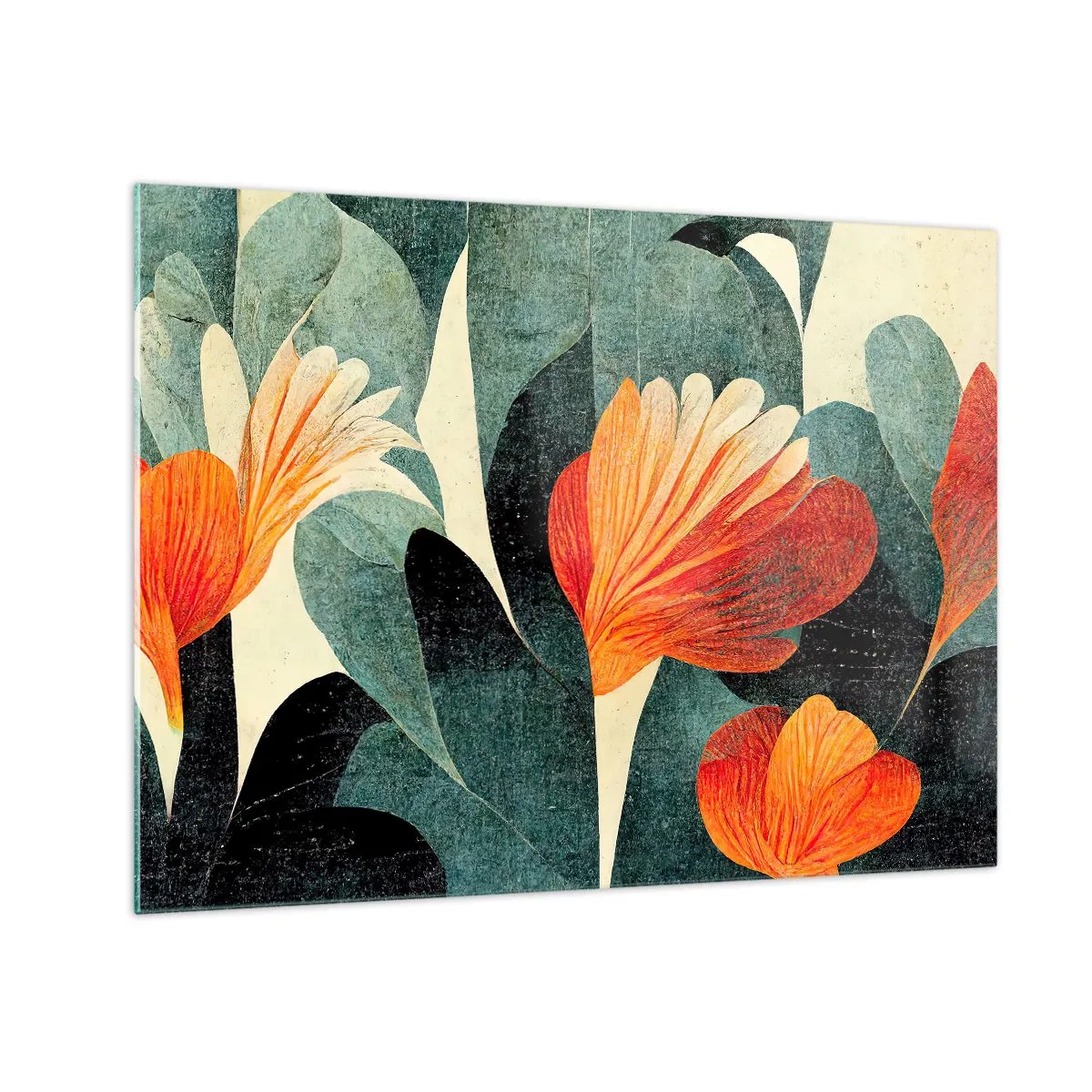 Tablou pe sticlă - Flori portocalii pe un fundal de frunze verde închis - 70x50cm - Căldura de la tropice și răcoarea verdeței - Decorațiune modernă pentru perete pentru living și dormitor ARTTOR