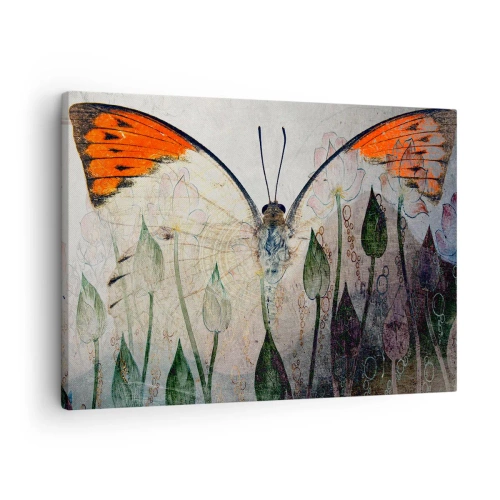 Tablou pe pânză Canvas - Un fluture cu aripi portocalii pe un fundal de flori stilizate. - 70x50cm - Unde fluturele se leagănă pe iarbă - Decorațiune modernă pentru perete pentru living și dormitor ARTTOR